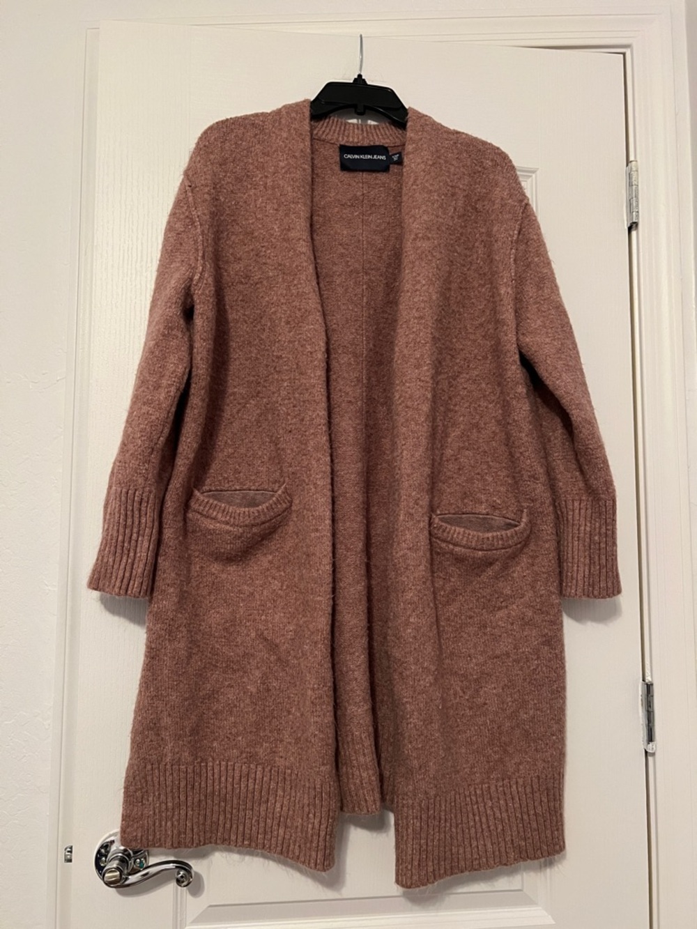 Calvin Klein Jeans Long Open-Front Cardigan in Dusty Rose Pink